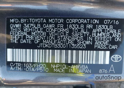 2016 Toyota Prius C One из США, поврежденный, VIN JTDKDTB30G1135523